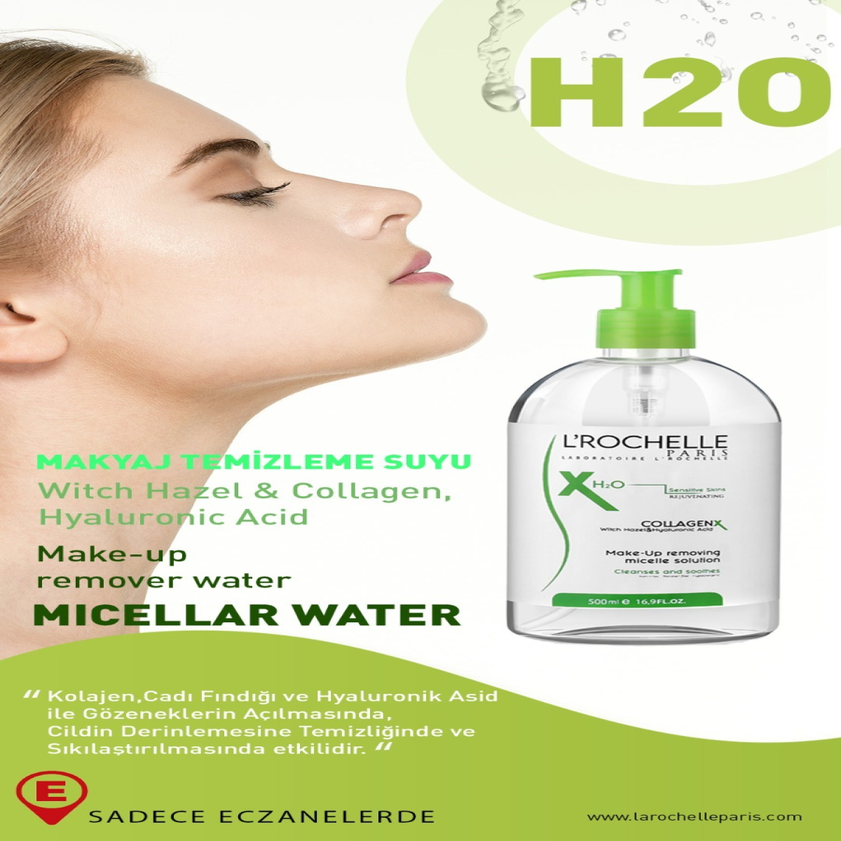LABORATOIRE L'ROCHELLE    CİLTTEMİZLEME SUYU H20 200 ML. COLLAGEN & WITCH HAZEL & HYALURONIC ASID