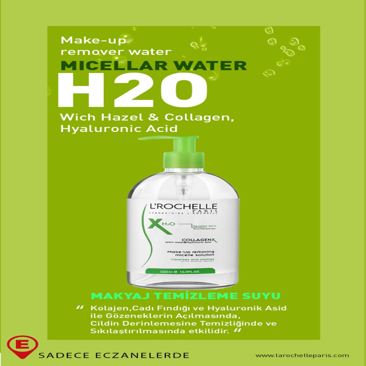 LABORATOIRE L'ROCHELLE    CİLTTEMİZLEME SUYU H20 200 ML. COLLAGEN & WITCH HAZEL & HYALURONIC ASID