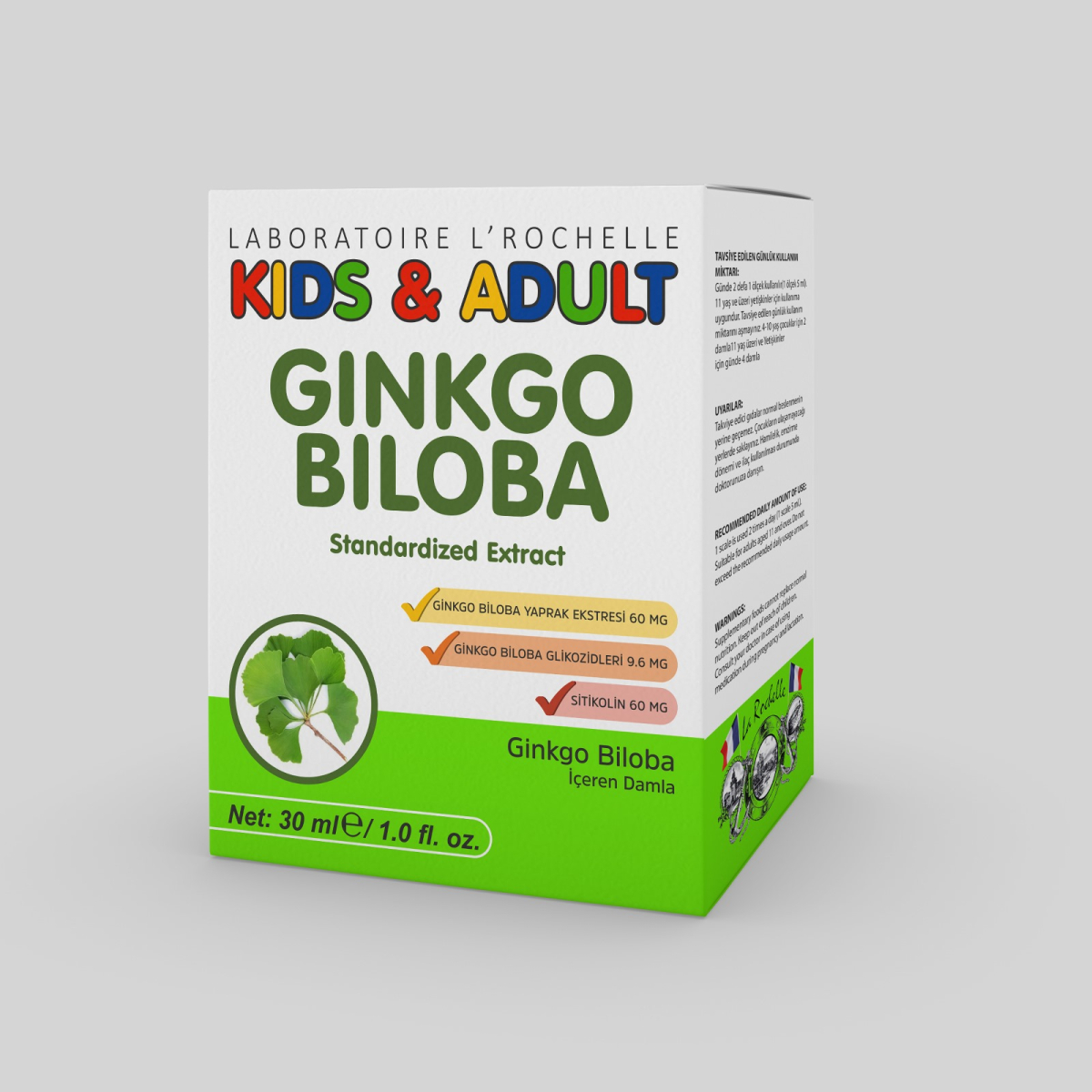 LABORATOIRE L'ROCHELLE   GINKGO BILOBA KIDS & ADULT 30 ML.DAMLA  GINKGO BILOBA + SİTİKOLİN