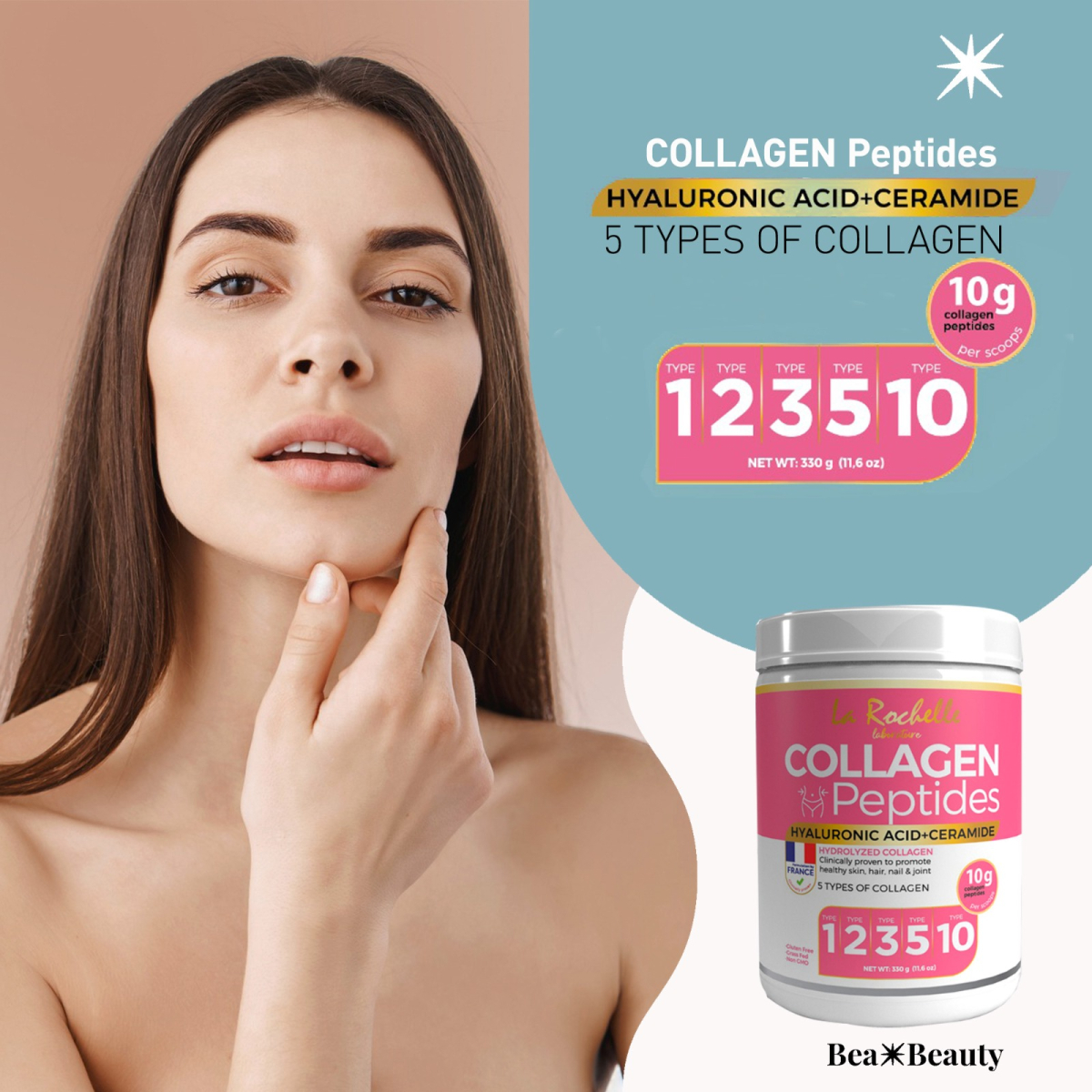 LABORATOIRE L'ROCHELLE COLLAGEN PEPTIDES POWDER 330.GR. TYPE 1 -2-3-5-10  HYALURONIC ACID + CERAMIDE